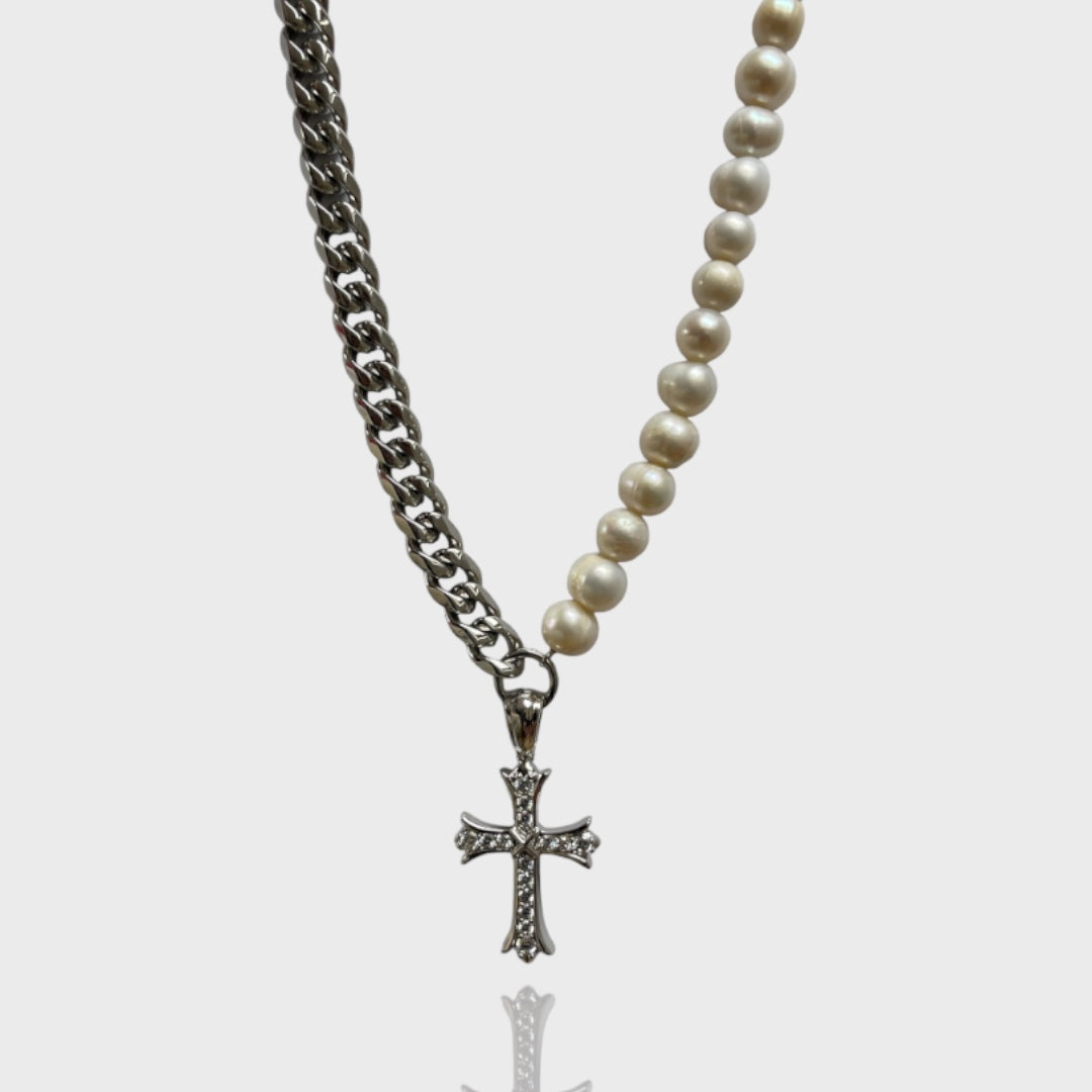 Long chain - cross pendant - fresh newest water cultured beads - stainless steel ring closure